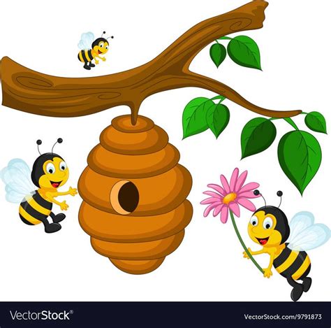 vector illustration of Bees cartoon holding flower and a beehive ...