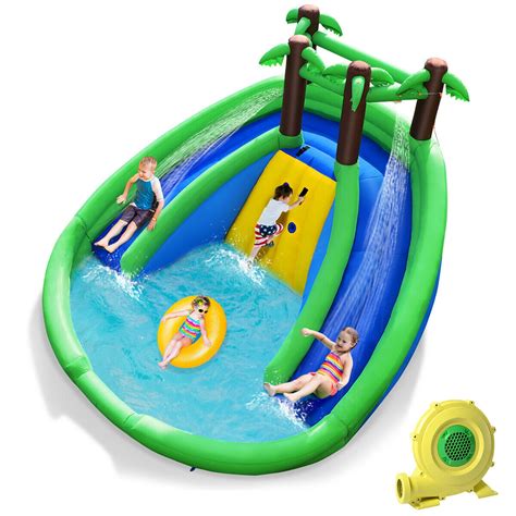 Gymax Inflatable Water Park Pool Bounce House Dual Slide Climbing Wall ...