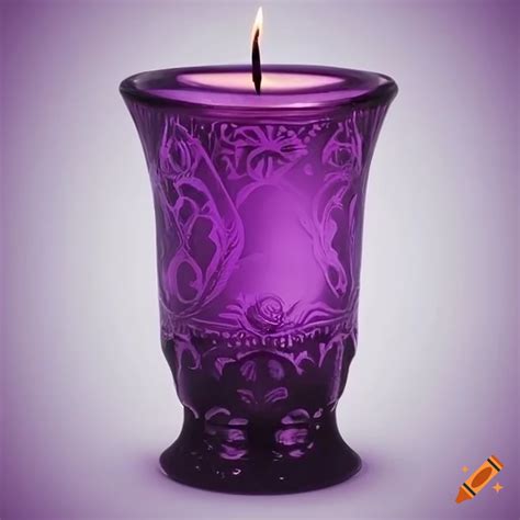 Tall candle in dark purple etched glass holder on white background on Craiyon