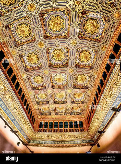 ZARAGOZA, SPAIN - 14 JULY 2018: Interior of a famous Aljaferia Palace ...