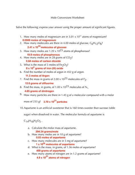 the mole worksheet chemistry answers