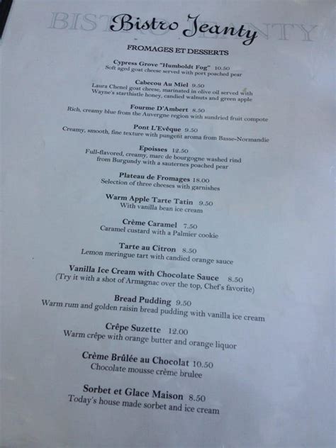 Menu at Bistro Jeanty restaurant, Yountville