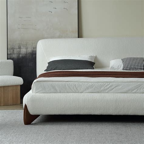 Modern White Boucle Platform Bed King Size Bed Frame with Upholstered ...