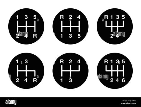 Six different gear stick shift patterns. Positions for the gear lever, also called gearshift or ...