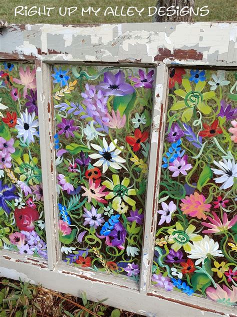 Old painted window,window pane art,floral painted window,repurposed window,antique window,window ...