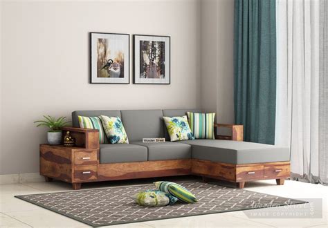 Buy Solace L-Shaped Wooden Sofa (Teak Finish) Online in India in 2020 ...