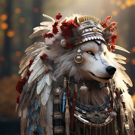 Premium AI Image | Portrait of Wolf Wearing a Feathered Native American Headdress for a Pow Pet ...