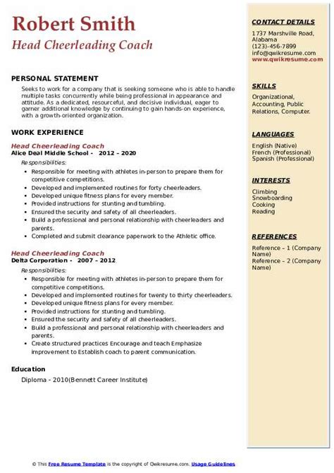 Head Cheerleading Coach Resume Samples | QwikResume