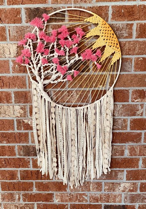 Cherry Blossom Sunrise Dreamcatcher | Macrame wall hanging diy, Macrame ...