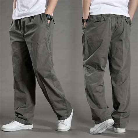 Big Size Casual Men Joggers Pants Straight Loose Wide Cargo Pants Pocket Cotton Jumpsuit Elastic ...