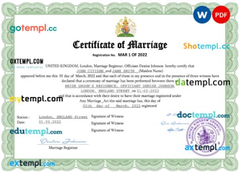 United Kingdom marriage certificate Word and PDF template, fully editable