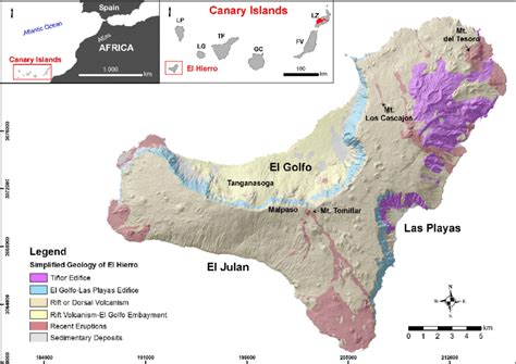 Geological map of El Hierro Island. At the left top part of the figure,... | Download Scientific ...