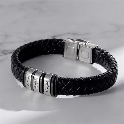 Personalized Mens Beads Braid Name Leather Bracelets With 1-10 Beads ...