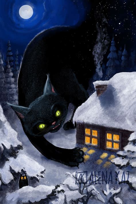 Wall art, book illustration about Yule cat. Digital illustration with mistical cat and darknest ...