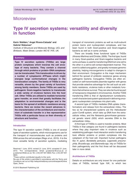 (PDF) Type IV secretion systems: Versatility and diversity in function