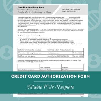 Credit Card Authorization Form | Editable /Fillable PDF Template | Mental Health