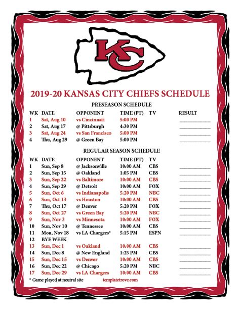 Printable 2019-2020 Kansas City Chiefs Schedule