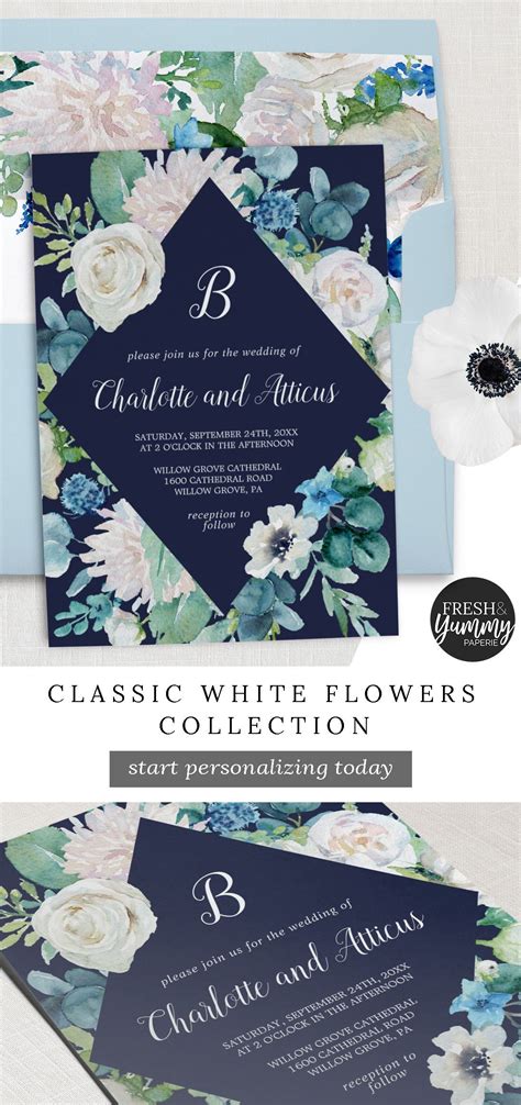 Classic White Flowers Navy Diamond Wedding Invitation | Zazzle | Wedding invitations, Floral ...