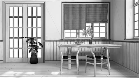 Blueprint Unfinished Project Draft, Farmhouse Hallway with Dining Room. Wooden Table with Bench ...