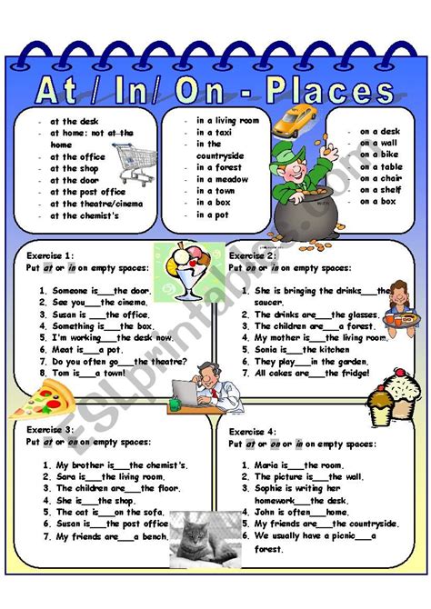 At / In / On - Prepositions + four exercises - ESL worksheet by dackala