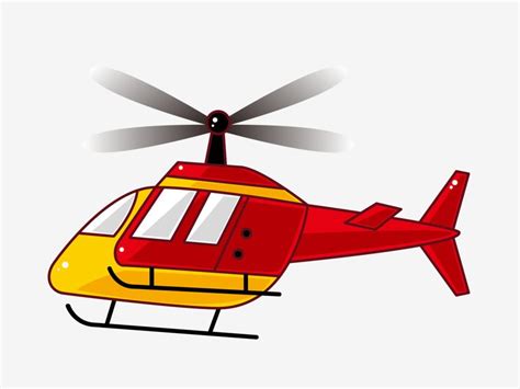 a red and yellow helicopter flying in the sky