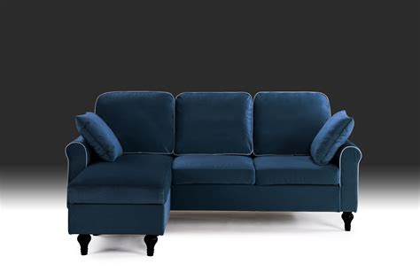 Blue Small Space Velvet Upholstered Sectional Sofa with Reversible ...