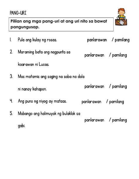 Pang-uri at Uri Nito worksheet | 1st grade worksheets, Worksheets, Workbook