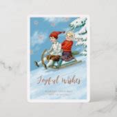 Cute Vintage Kids Sledding Scene | Joyful Wishes Foil Holiday Card | Zazzle