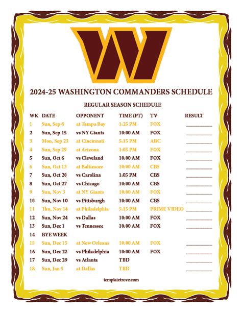 Printable 2024-2025 Washington Commanders Schedule