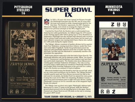 Commemorative Super Bowl IX Score Card With 22 Kt Gold Ticket: Steelers ...