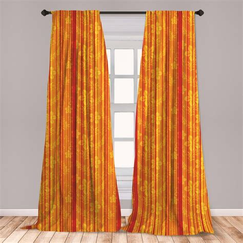 Orange Curtains 2 Panels Set, Vertically Stripes Pattern with Flowers ...