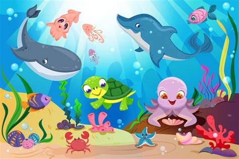 Free Vector | Underwater ocean life with cute sea animals and marine plants