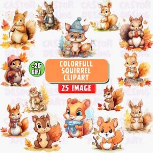 Autumn Squirrels Clipart, Watercolor Squirrel Clipart, Squirrel Clipart, Squirrel PNG, Squirrel ...