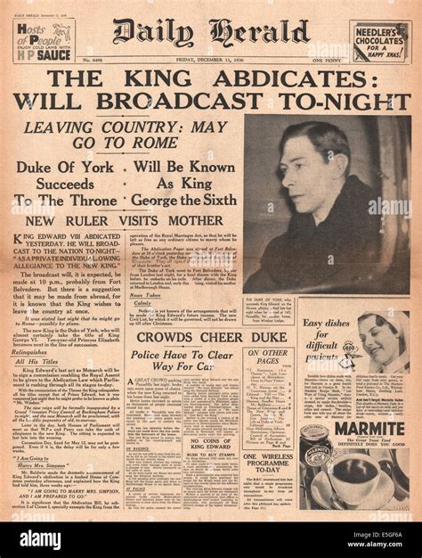 1936 Daily Herald front page reporting abdication of King Edward VIII ...