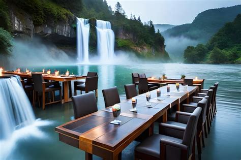 Premium AI Image | a restaurant with a view of a waterfall