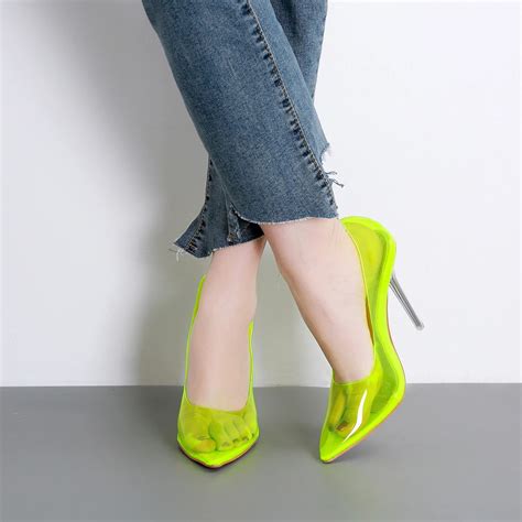 Women Neon High Heels Transparent Jelly Shoes Neon Pointy Toe Pumps ...