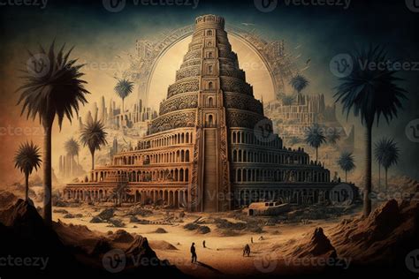 Ancient city of Babylon with the tower of Babel, bible and religion ...