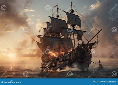 Pirate Ship with Cannon Fire in the Distance, Smoke Rising from Explosions Stock Illustration ...