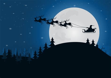 silhouette santa claus with reindeer sleigh above the hill with moon light in forest winter ...