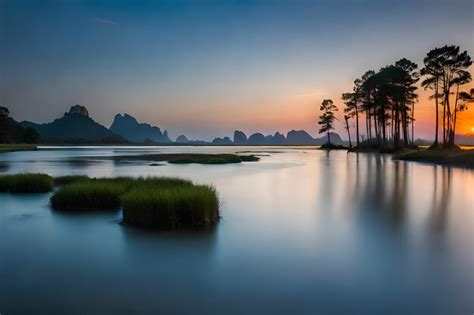 Premium AI Image | a sunset with pine trees in the water and mountains ...