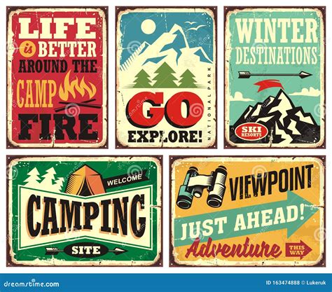 Hiking and Camping Retro Signs Collection Stock Vector - Illustration ...