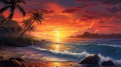 Premium AI Image | a painting of a sunset on a tropical beach