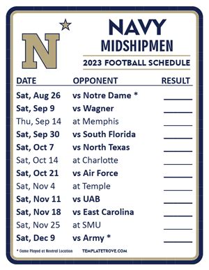 Printable 2023 Navy Midshipmen Football Schedule