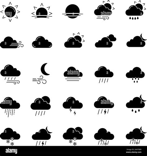 Weather forecast glyph icons set. Snow, rain, sleet. Shower or drizzle ...