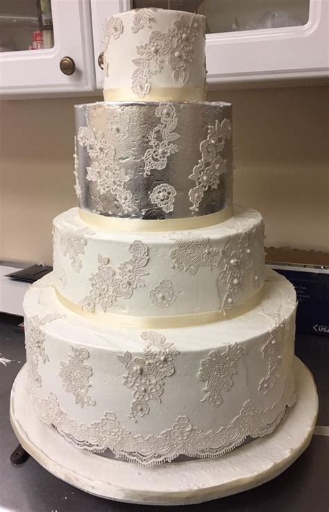 Edible lace cake with silver leaf layer. Done for Dessert Designs by ...