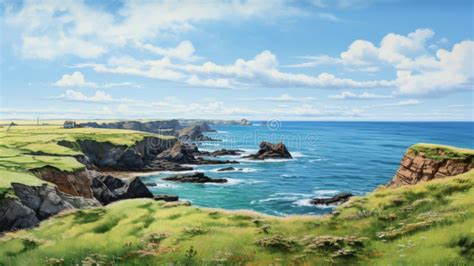 Realistic Cliff Painting with Green Lawn and Ocean in Pastel Colors Stock Illustration ...