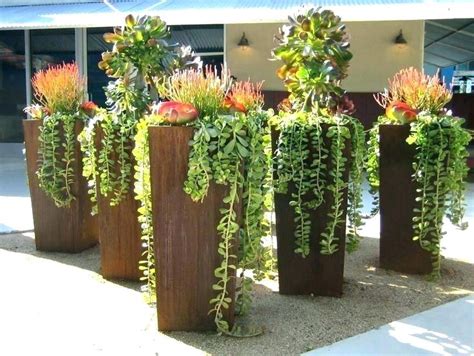 four tall wooden planters with plants growing out of them