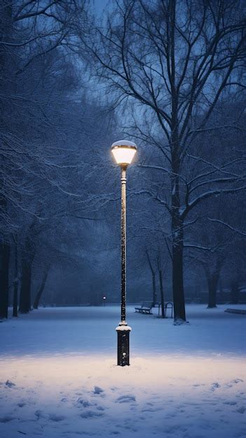 Premium Photo | A street light in a snowy park at night