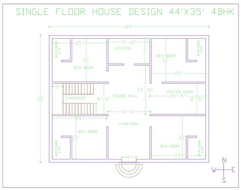 44' × 35' Single Floor Simple House Design | 4 BHK Floor Plan | Cost ...