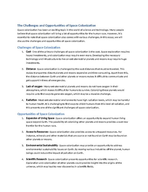 The challenges and opportunities of space colonization - The Challenges ...